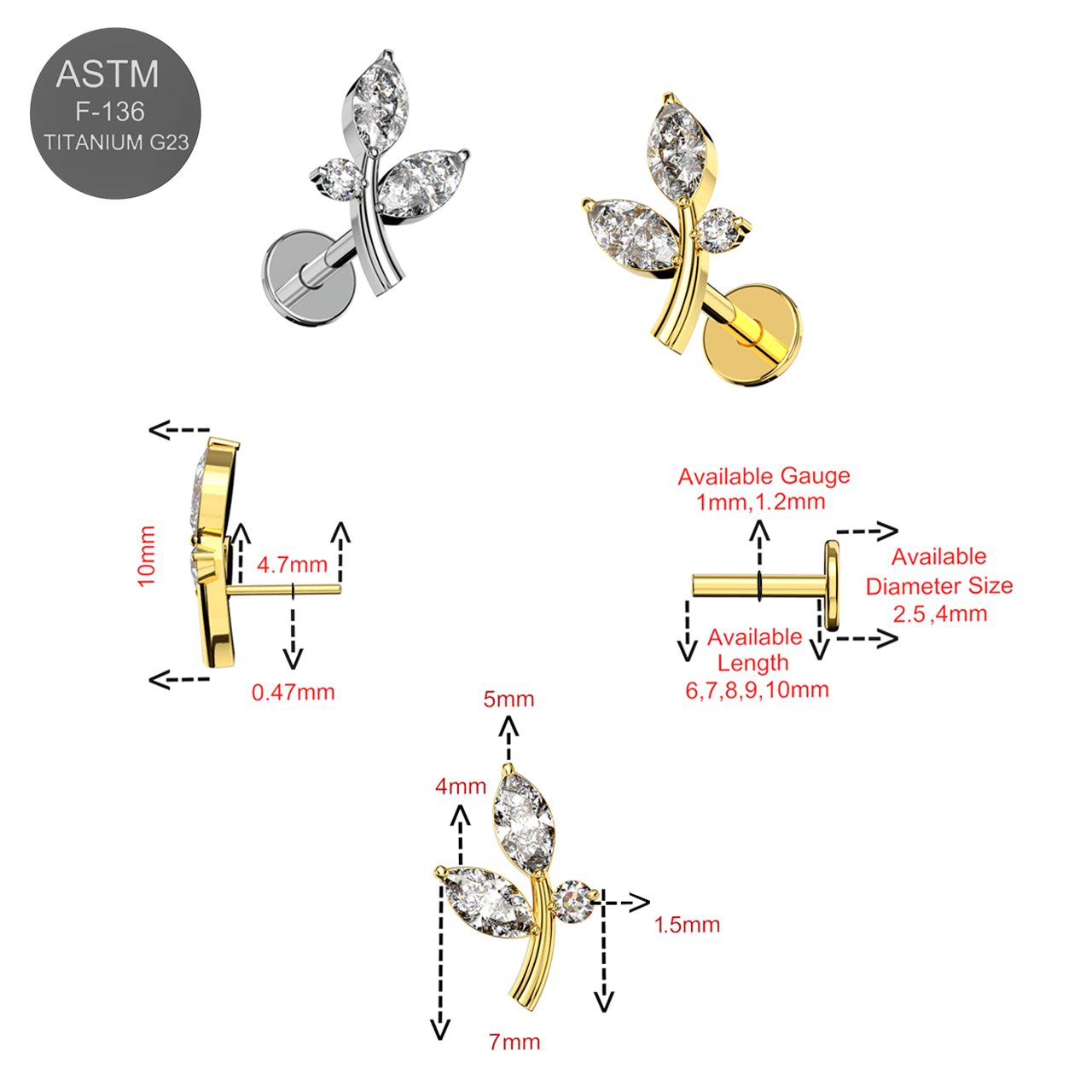 G23 Titanium CZ Jewelled Stem And Leaf Design Thread-less Push-Fit Top