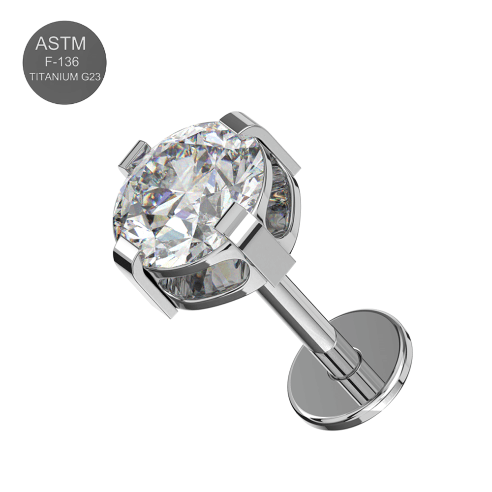 G23 Titanium Round CZ Jewelled Thread-less Push-Fit With Flatback Stud