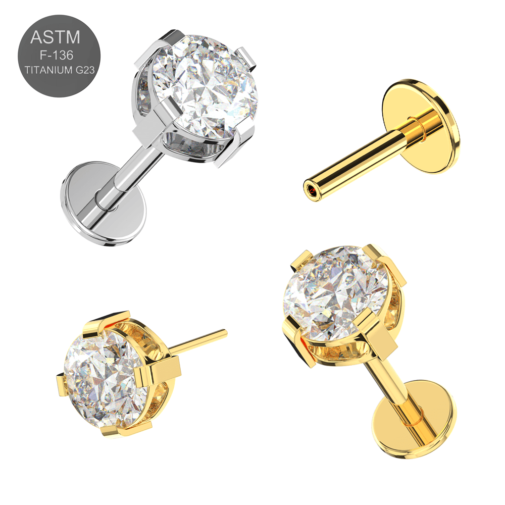 G23 Titanium Round CZ Jewelled Thread-less Push-Fit With Flatback Stud