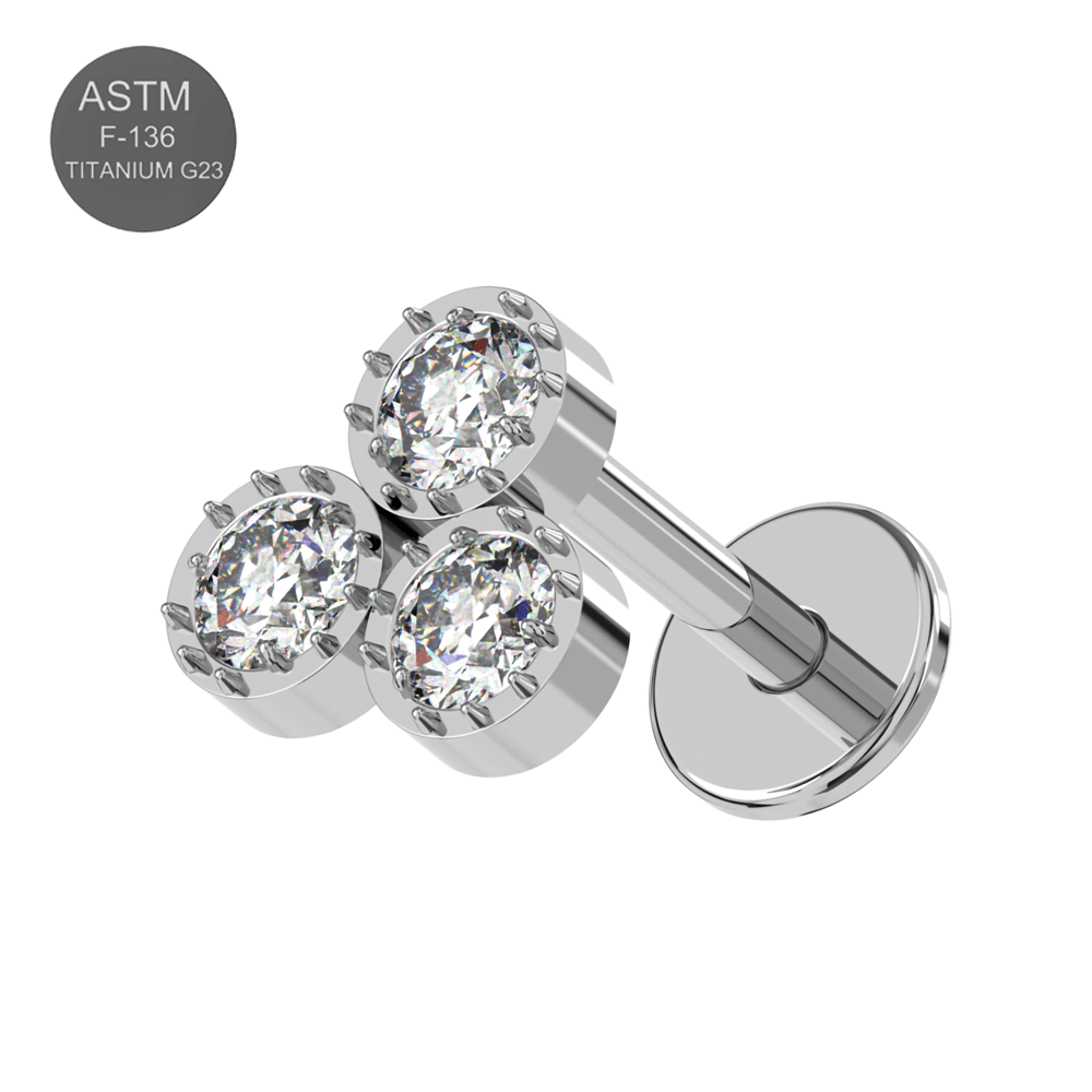 G23 Titanium CZ Jewelled Triple Petal Thread-less Push-Fit With Flatback Stud