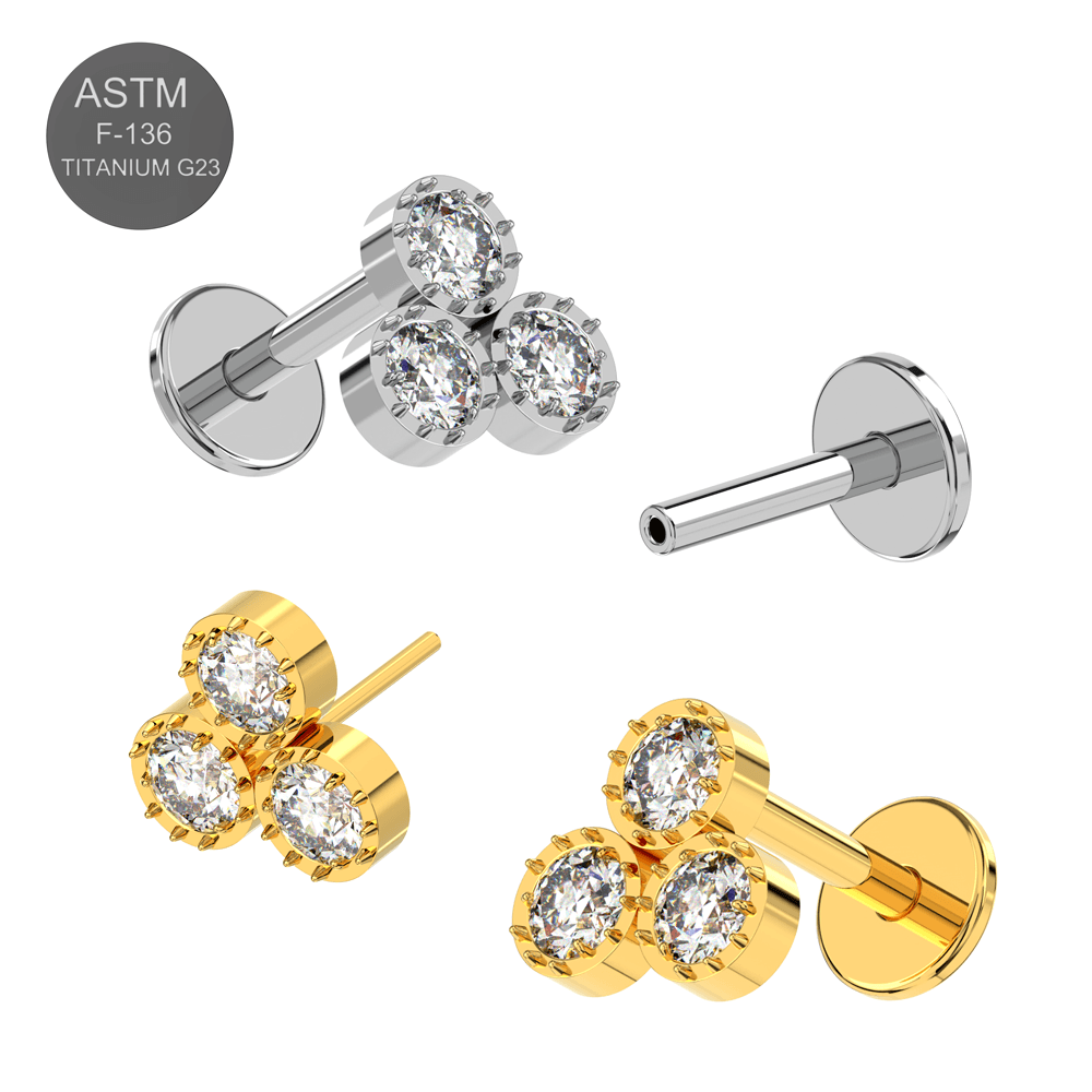 G23 Titanium CZ Jewelled Triple Petal Thread-less Push-Fit With Flatback Stud