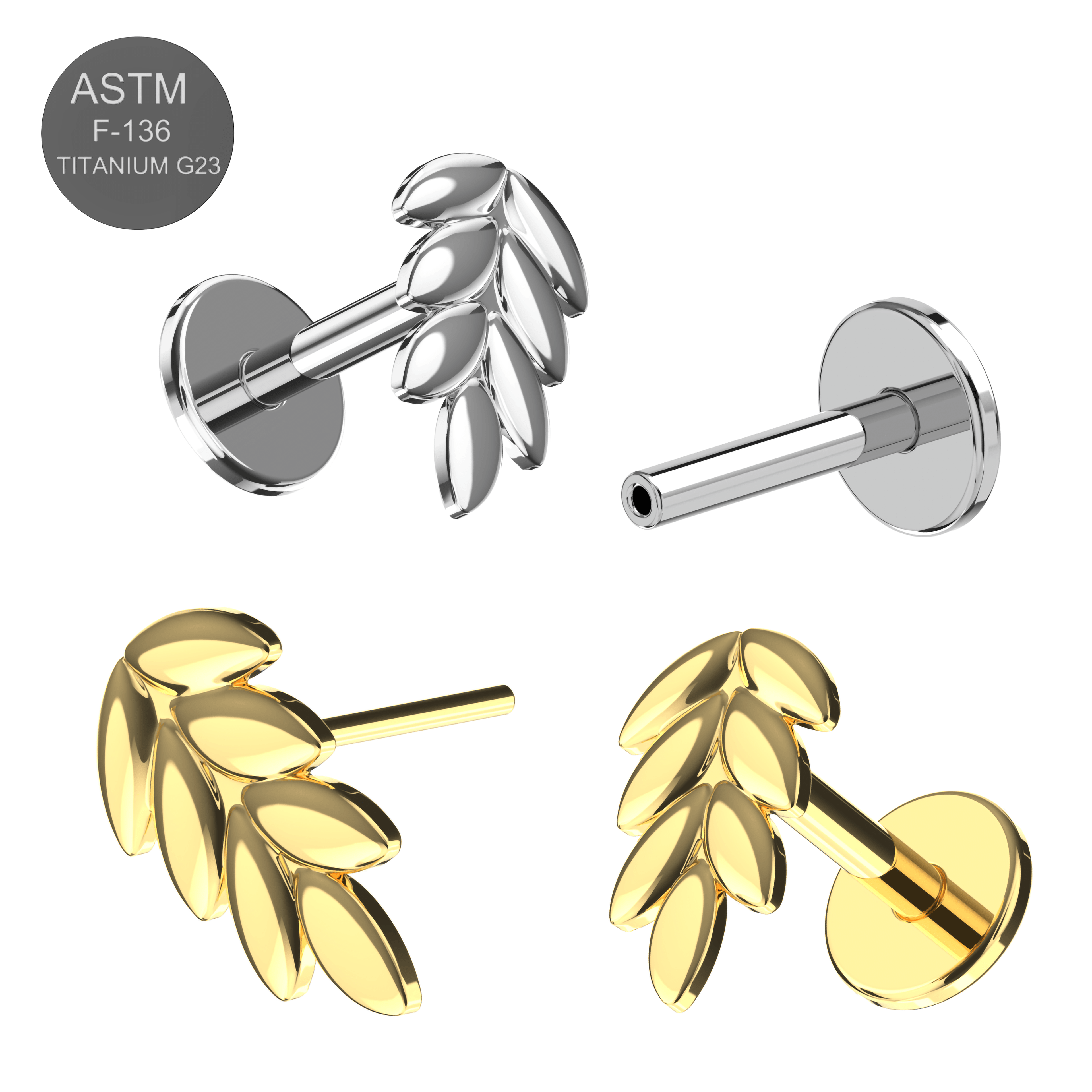 G23 Titanium Wheat Sheaf Design Thread-less Push-Fit With Flatback Stud