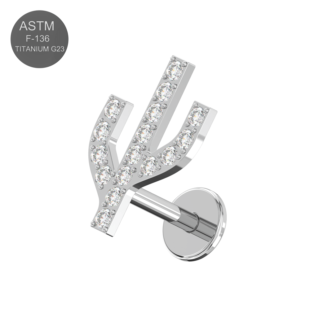 G23 Titanium CZ Jewelled Cactus Design Thread-less Push-Fit With Flatback Stud