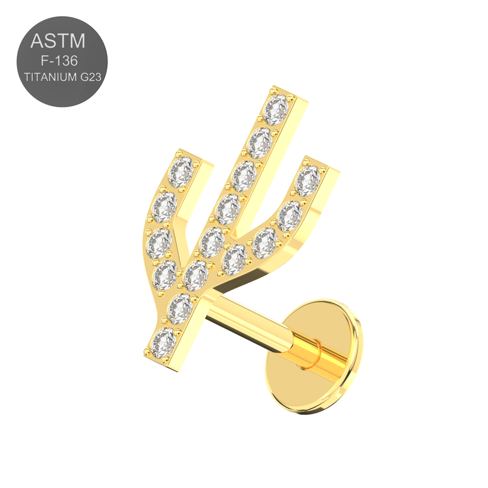 G23 Titanium CZ Jewelled Cactus Design Thread-less Push-Fit With Flatback Stud