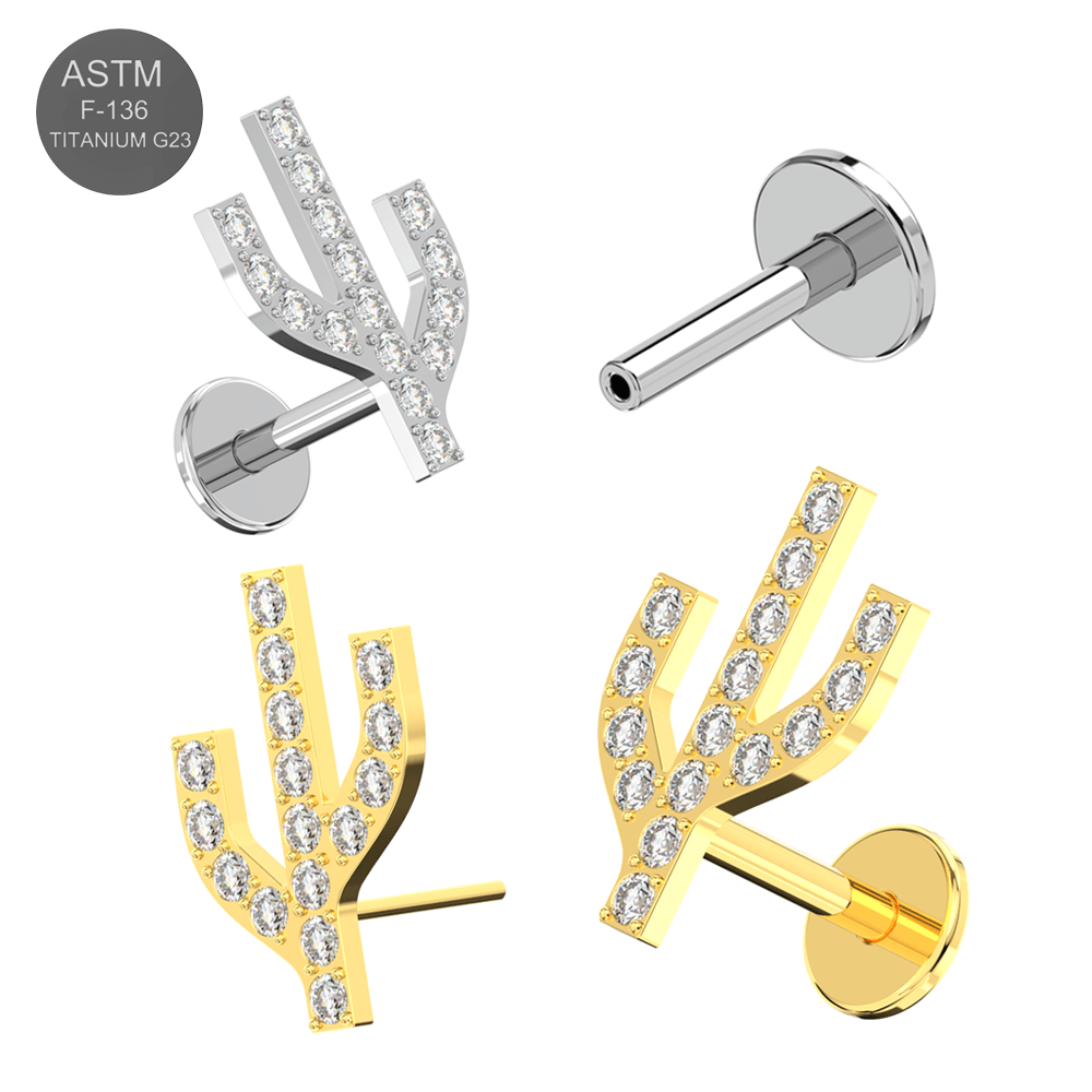 G23 Titanium CZ Jewelled Cactus Design Thread-less Push-Fit With Flatback Stud