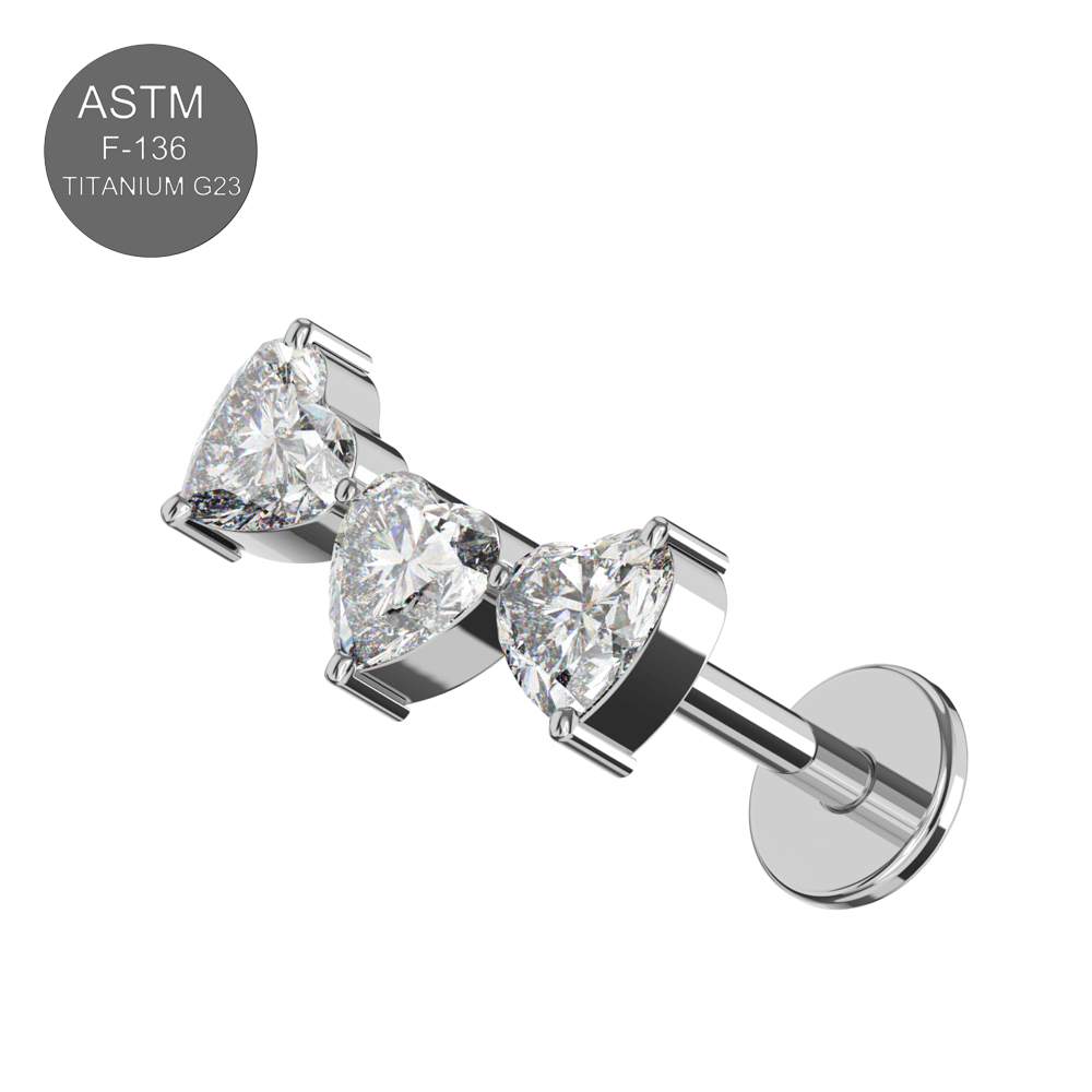 G23 Titanium CZ Jewelled Tri-Heart Design Threadless Flatback Stud