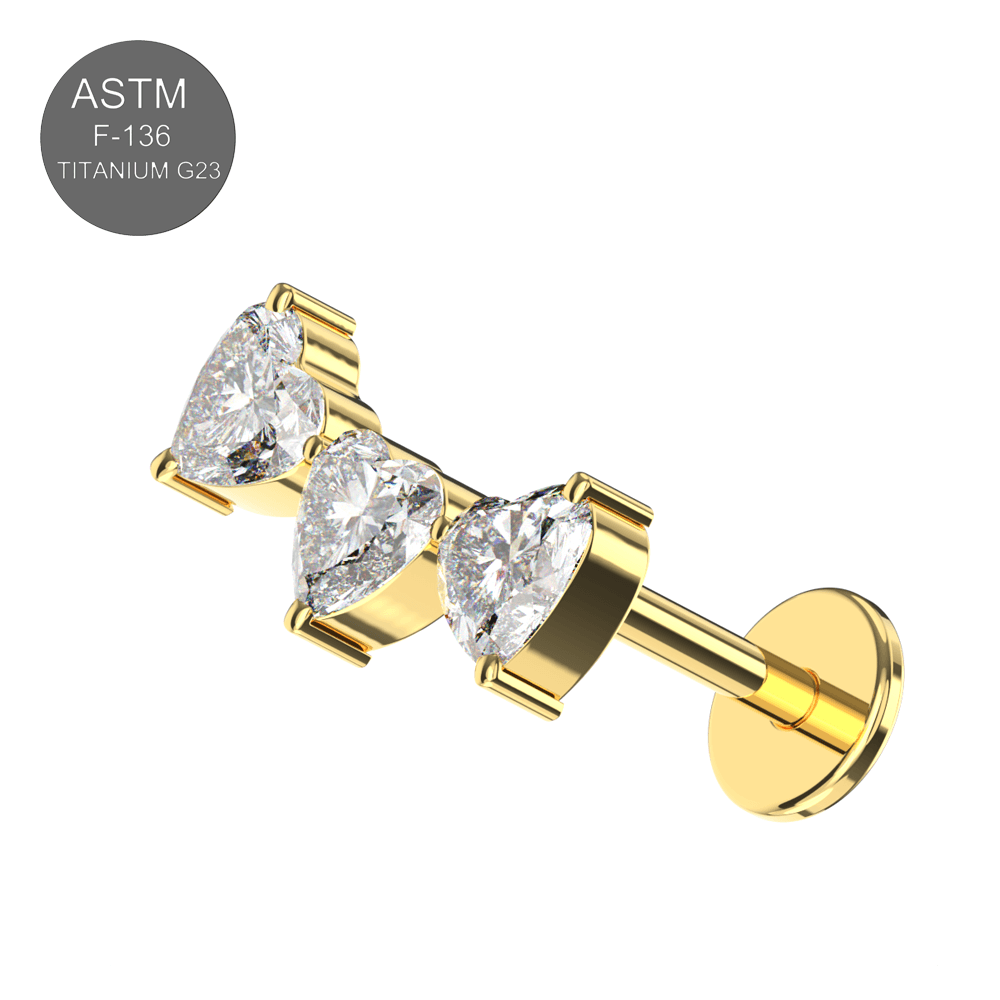 G23 Titanium CZ Jewelled Tri-Heart Design Threadless Flatback Stud