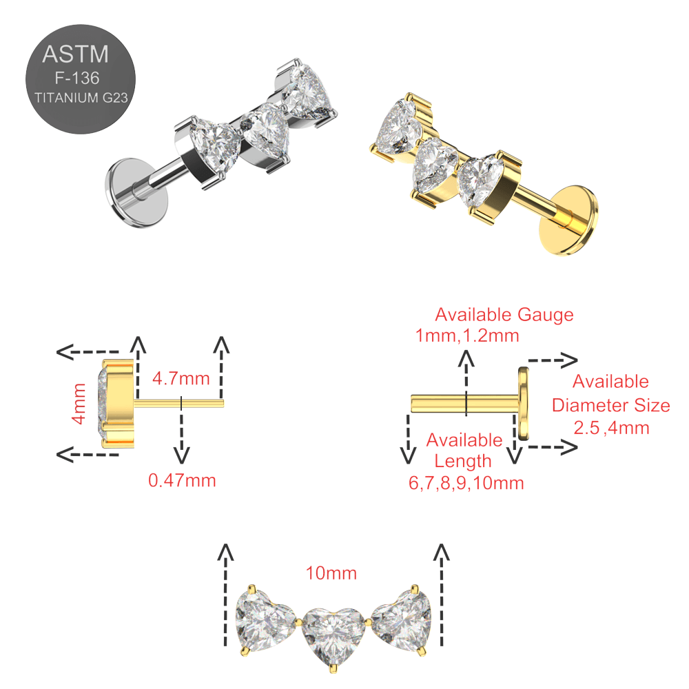 G23 Titanium CZ Jewelled Tri Heart Design Thread-less Push-Fit Top