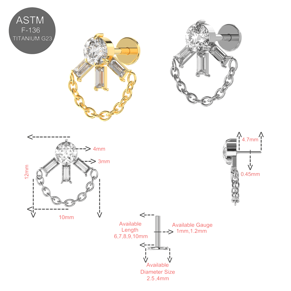 G23 Titanium CZ Jewelled with Chain Fancy Design Thread-less Push-Fit With Flatback Stud