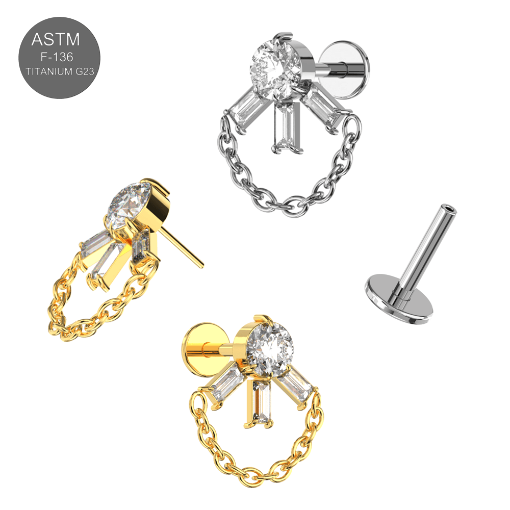 G23 Titanium CZ Jewelled with Chain Fancy Design Thread-less Push-Fit With Flatback Stud