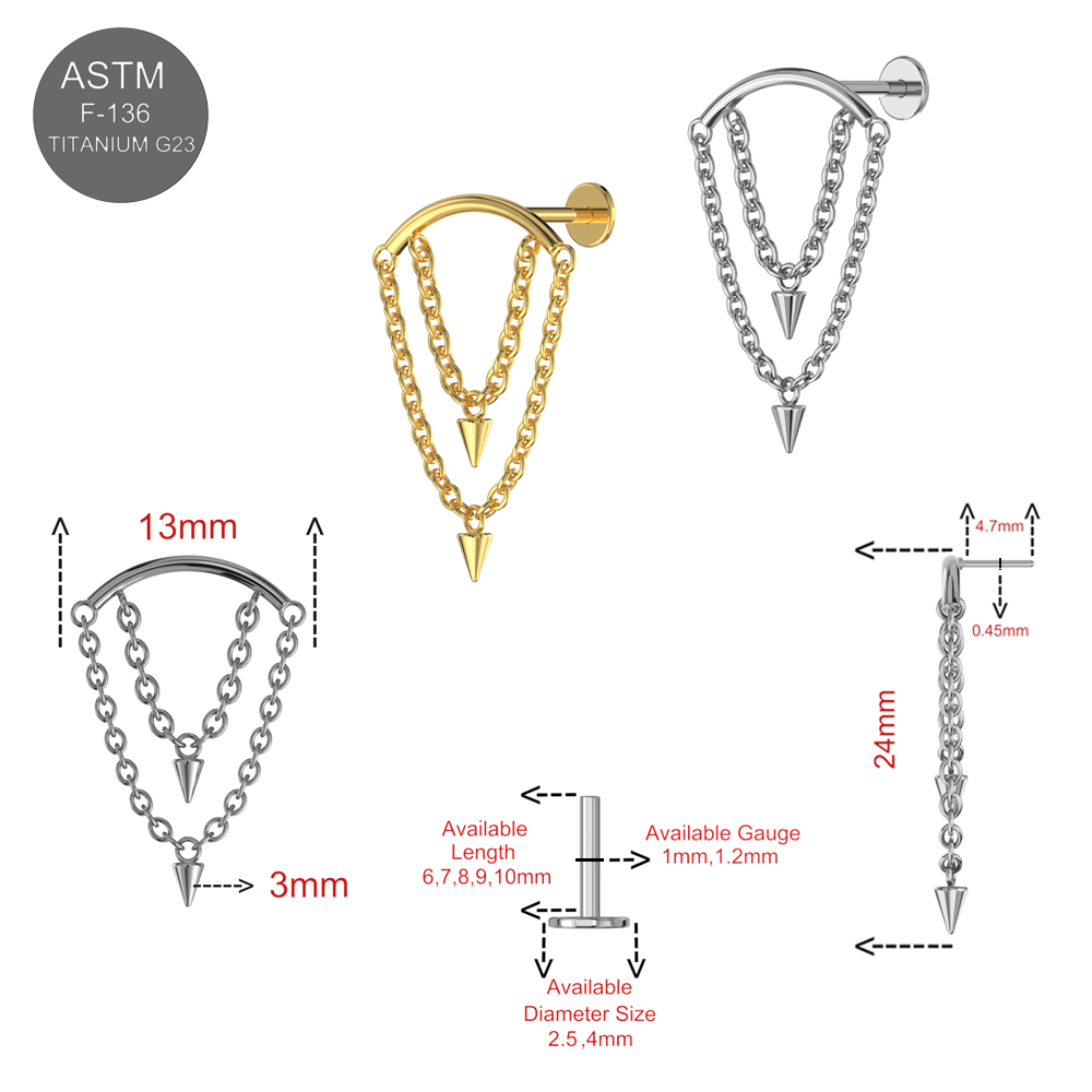 G23 Titanium Dangling Cone with Chain Fancy Design Thread-less Push-Fit With Flatback Stud