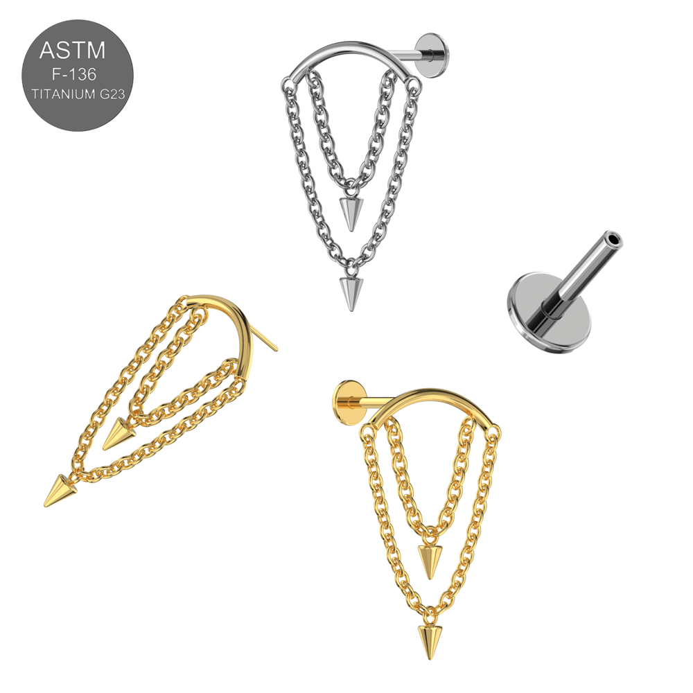 G23 Titanium Dangling Cone with Chain Fancy Design Thread-less Push-Fit With Flatback Stud