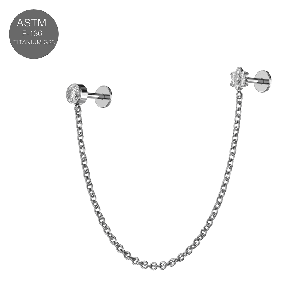 G23 Titanium CZ Round and Flower Double Stud with Chain Fancy Design Thread-less Push-Fit With Flatback Stud