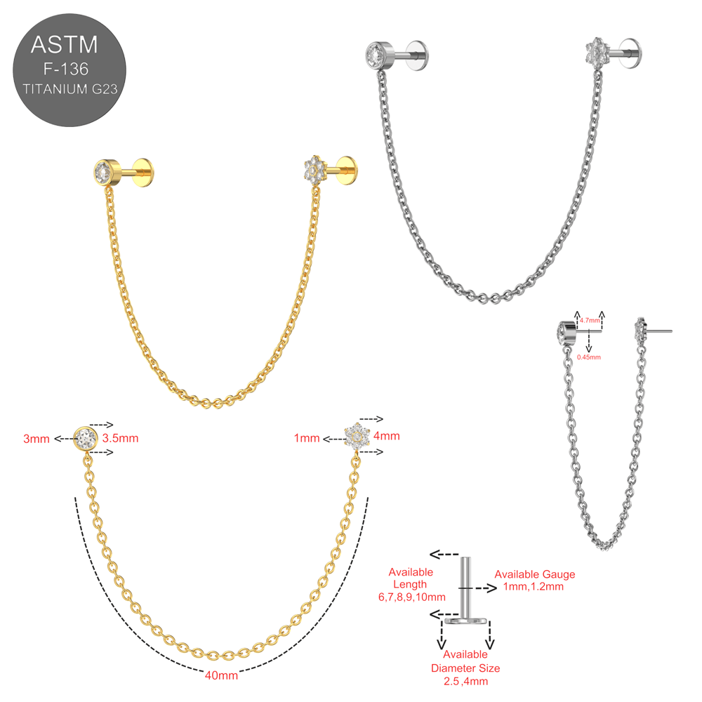 G23 Titanium CZ Round and Flower Double Stud with Chain Fancy Design Thread-less Push-Fit With Flatback Stud