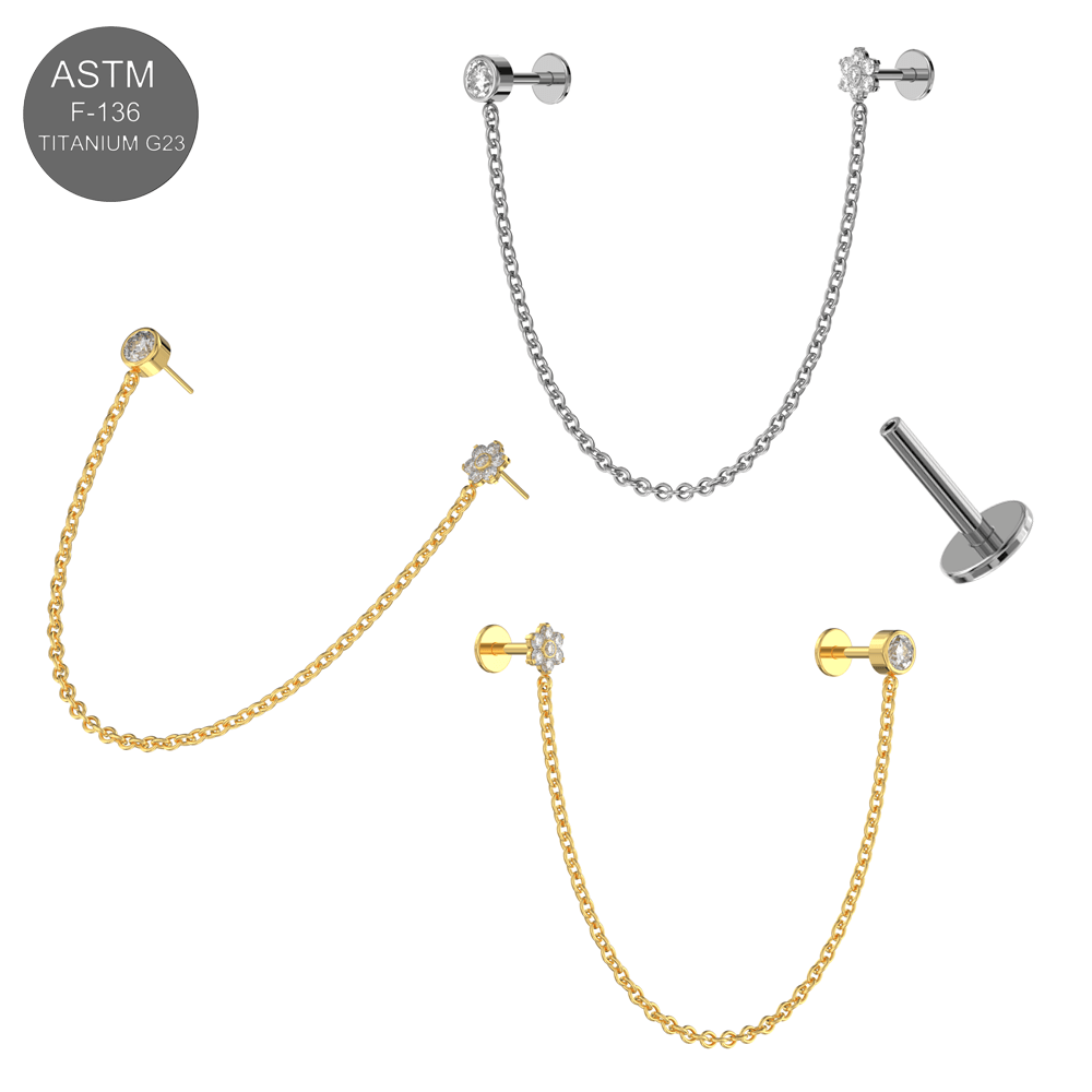 G23 Titanium CZ Round and Flower Double Stud with Chain Fancy Design Thread-less Push-Fit With Flatback Stud