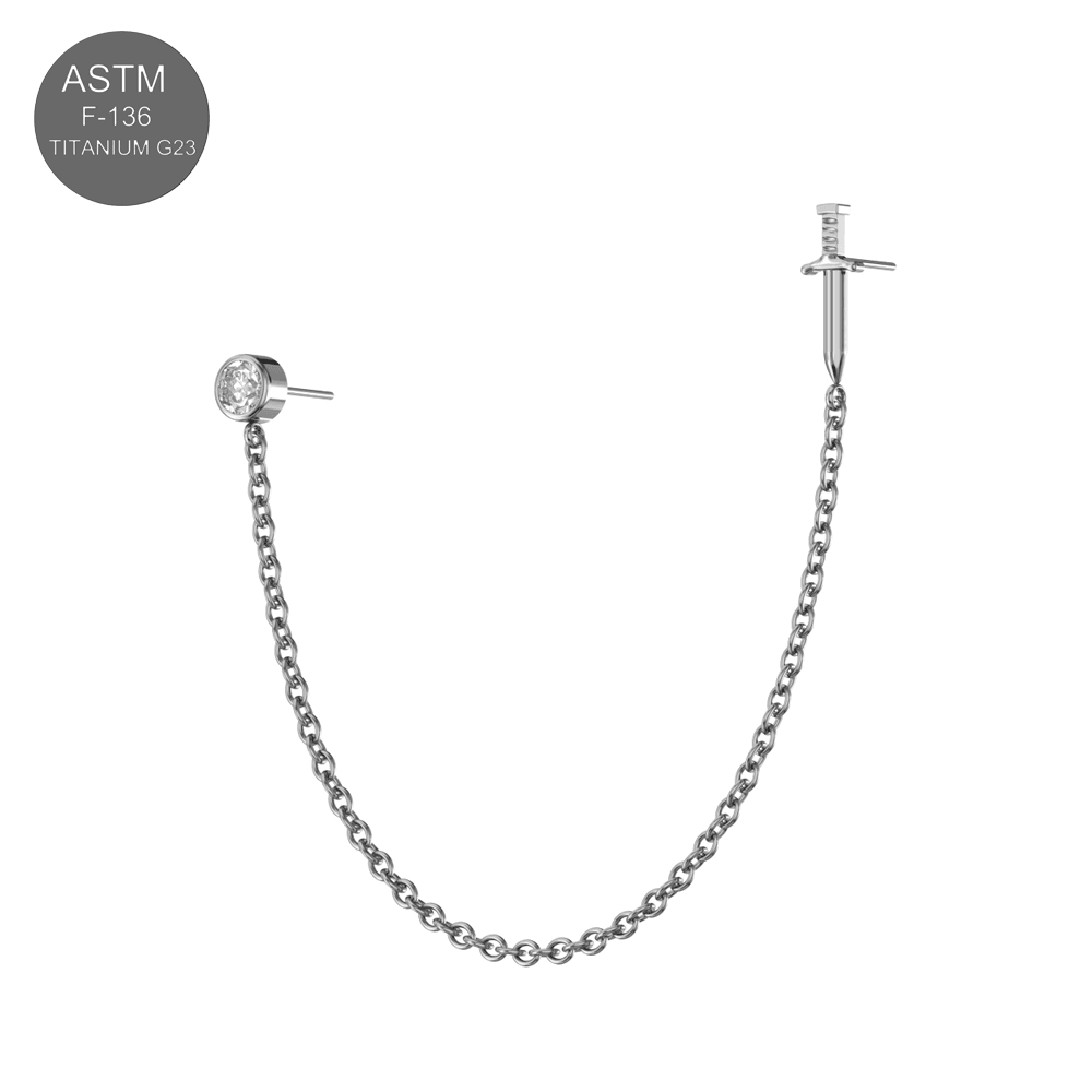 G23 Titanium CZ Round and Dagger Double Stud with Chain Fancy Design Thread-less Push-Fit Top