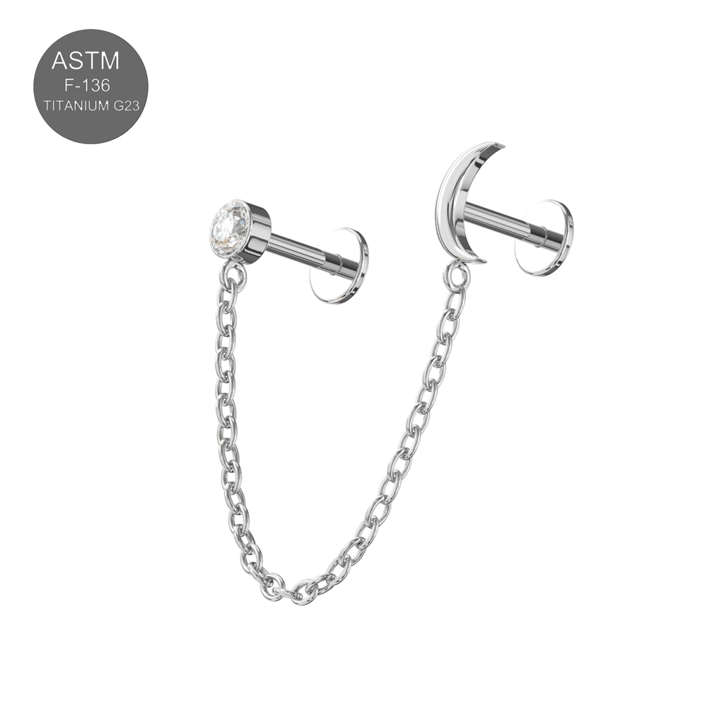 G23 Titanium Embellished Moon Connector Chain Thread-less Push-Fit With Flatback Stud
