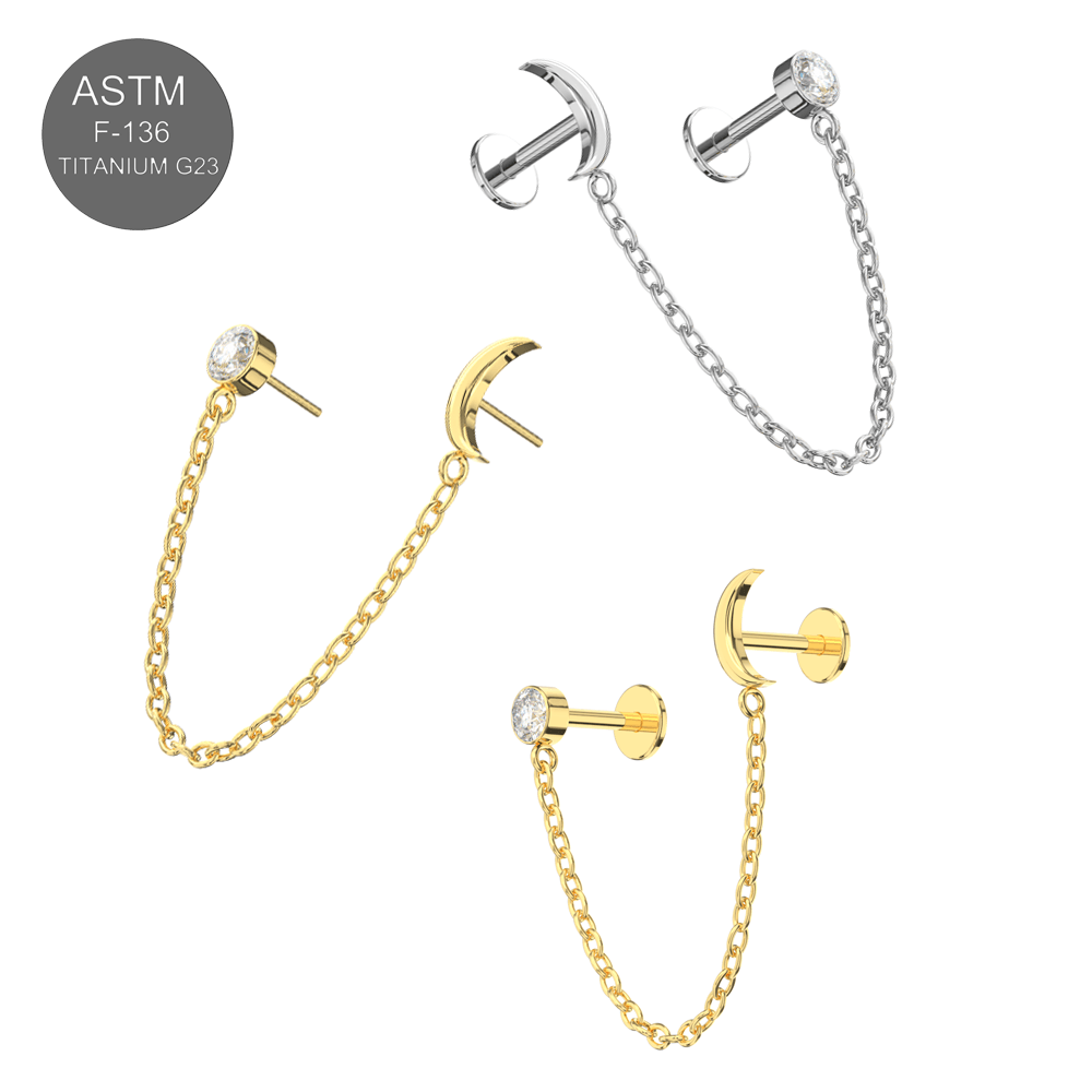 G23 Titanium Embellished Moon Connector Chain Thread-less Push-Fit With Flatback Stud