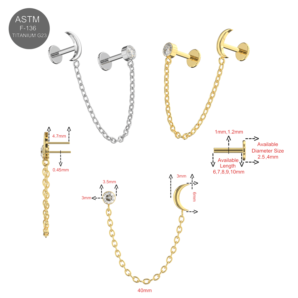 G23 Titanium Embellished Moon Connector Chain Thread-less Push-Fit With Flatback Stud