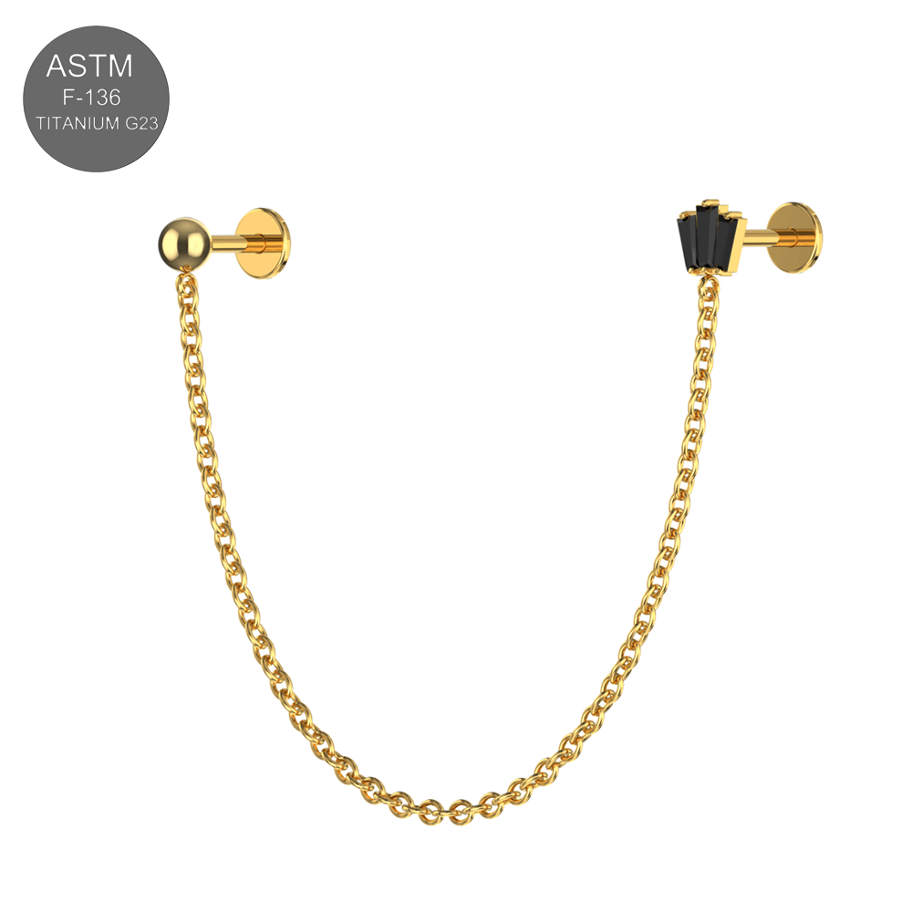 G23 Titanium CZ Round and Crown Double Stud with Chain Fancy Design Thread-less Push-Fit With Flatback Stud