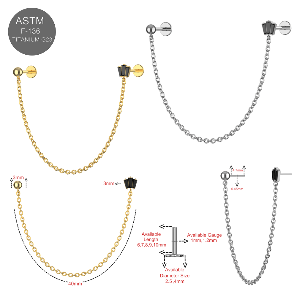 G23 Titanium CZ Round and Crown Double Stud with Chain Fancy Design Thread-less Push-Fit With Flatback Stud