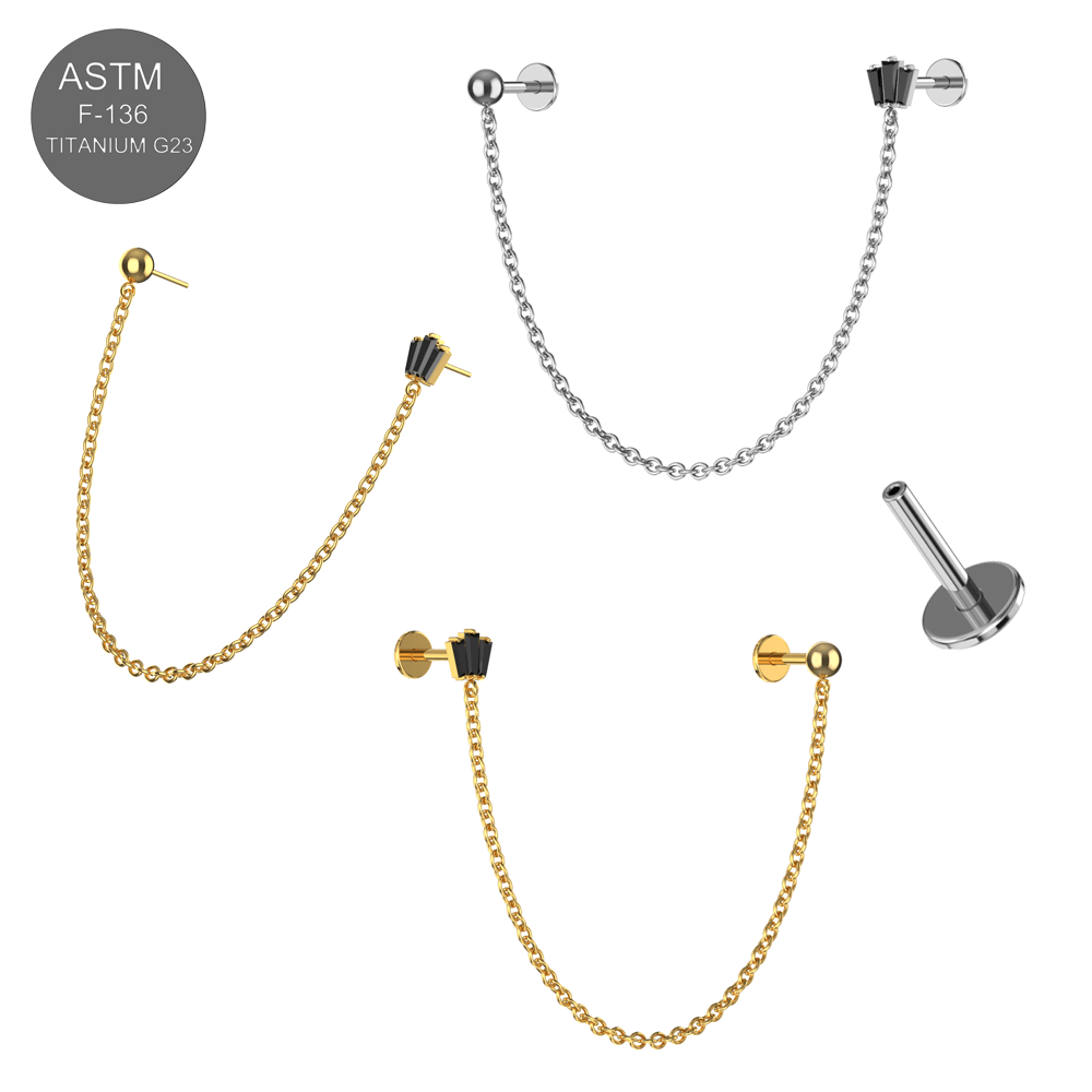 G23 Titanium CZ Round and Crown Double Stud with Chain Fancy Design Thread-less Push-Fit With Flatback Stud