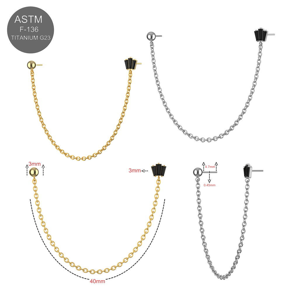 G23 Titanium CZ Round and Crown Double Stud with Chain Fancy Design Thread-less Push-Fit Top