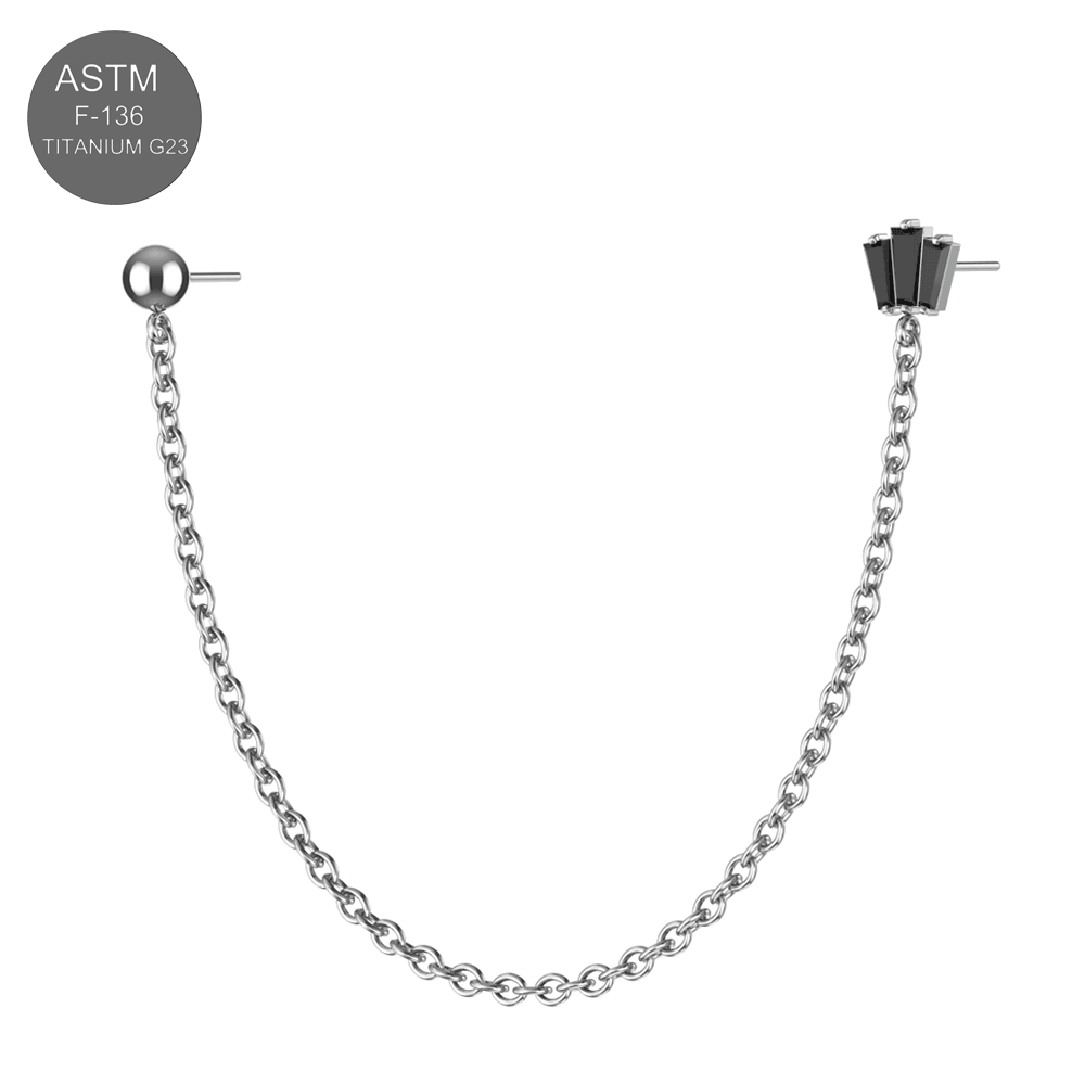 G23 Titanium CZ Round and Crown Double Stud with Chain Fancy Design Thread-less Push-Fit Top
