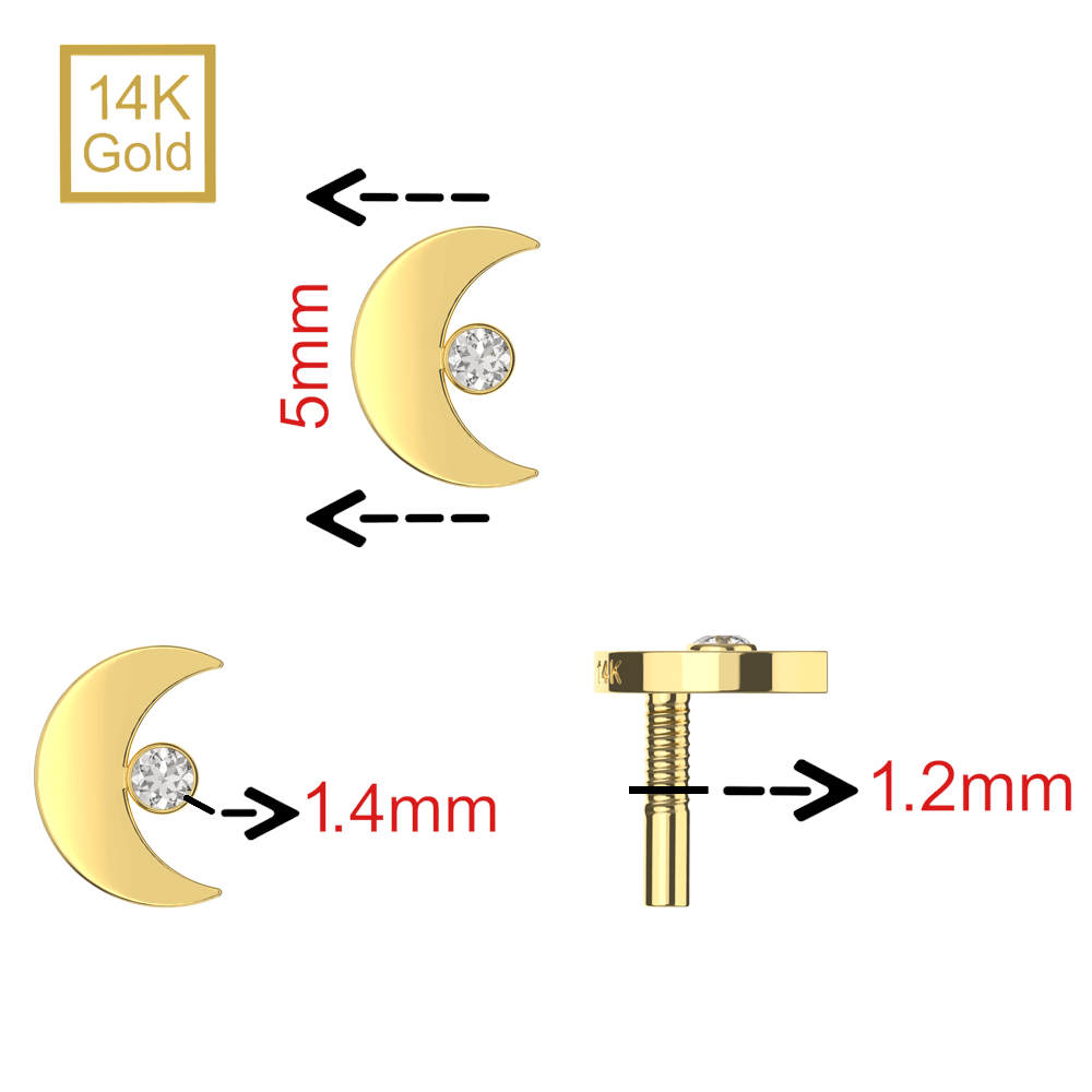 14K Gold Internal Thread Cubic Zirconia Jewelled Crescent Top