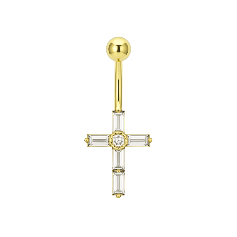 14K Gold Dangling Gemstone Cross Belly Ring