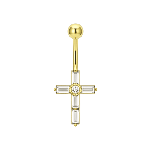 14K Gold Dangling Gemstone Cross Belly Ring