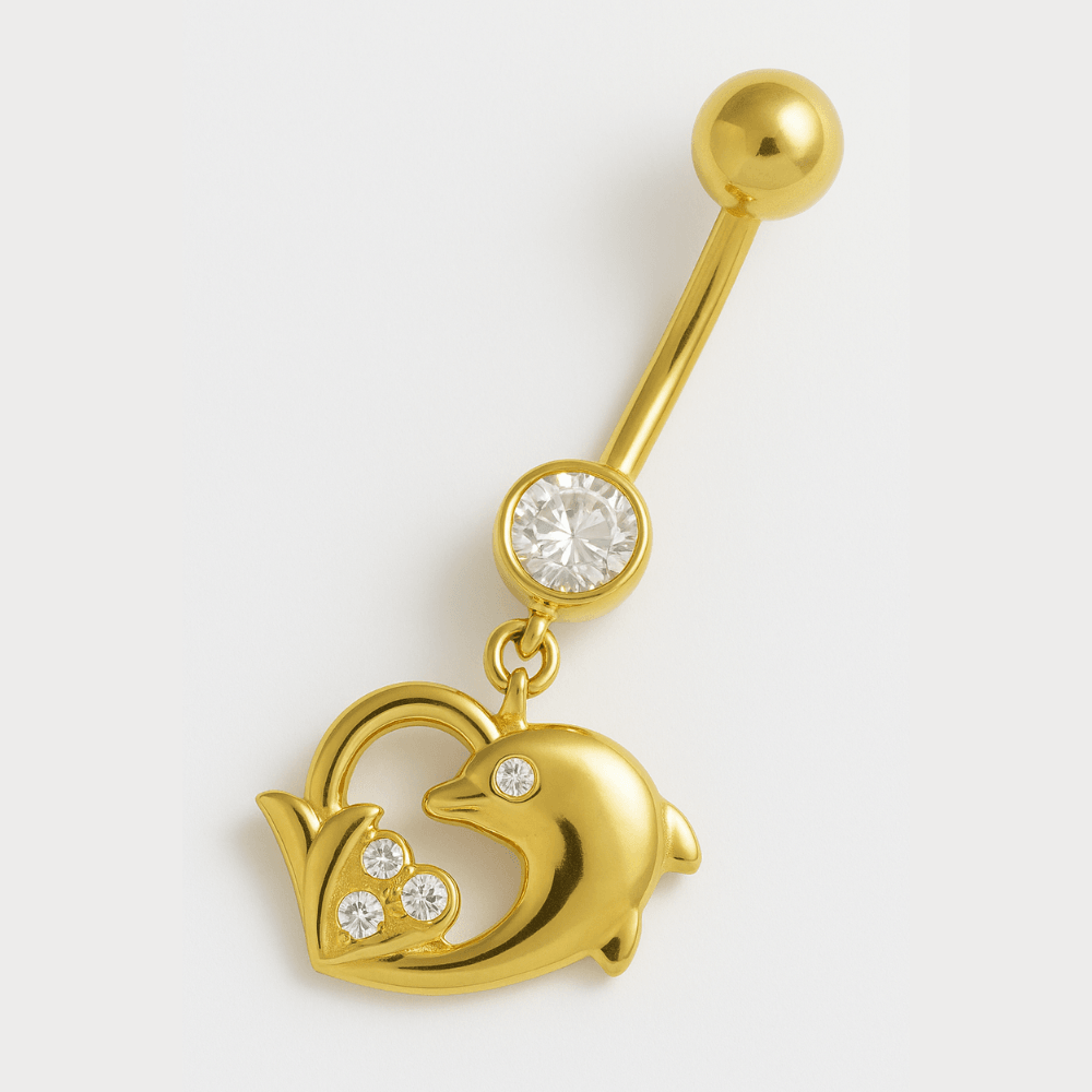 14K Gold Dolphin Heart Belly Ring