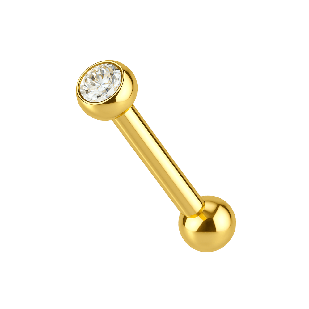 14K Gold Straight Tongue Barbell with CZ Jewelled Top