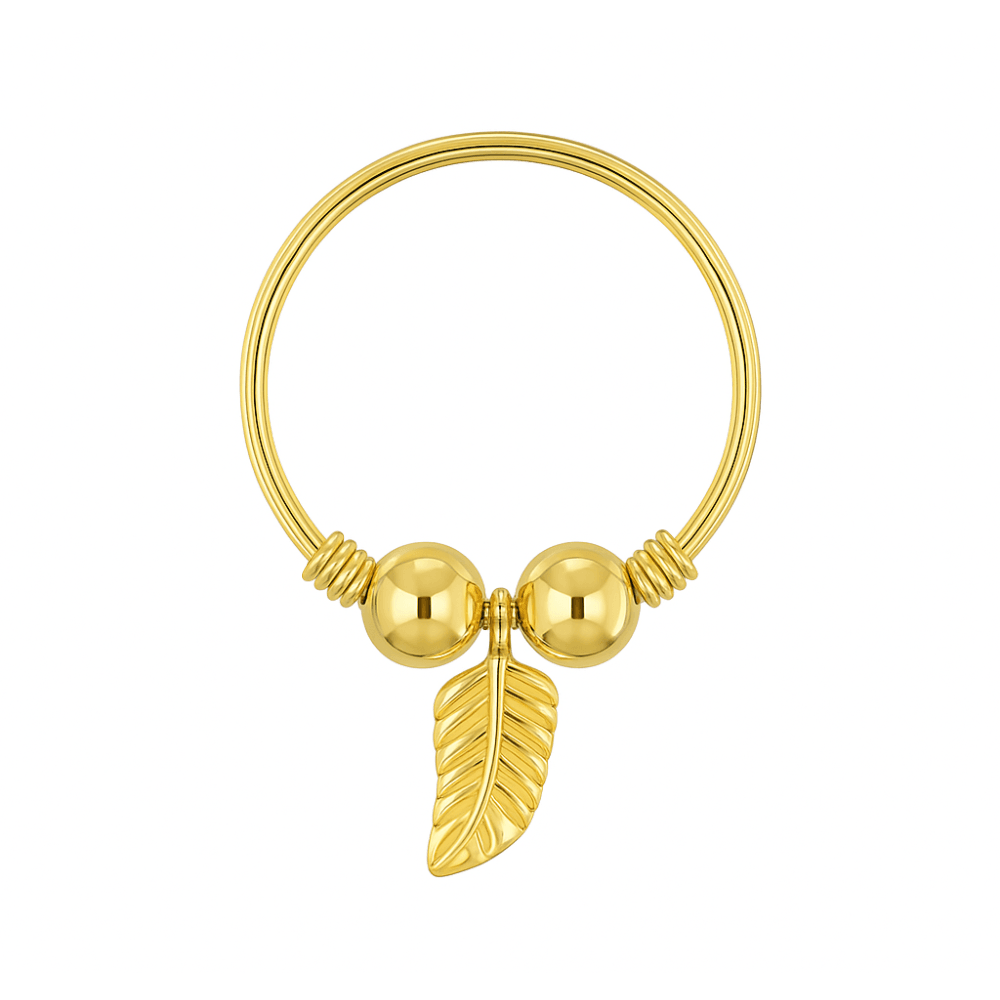 9K Gold Spring Coil and Gold Beaded with Leaf Charm Nose Hoop Ring