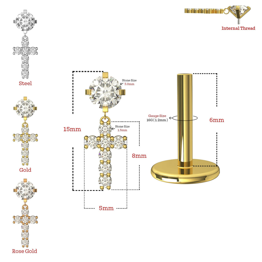 316L Surgical Steel Jewelled Cross Internally Threaded Screw Fit Dangling Stud