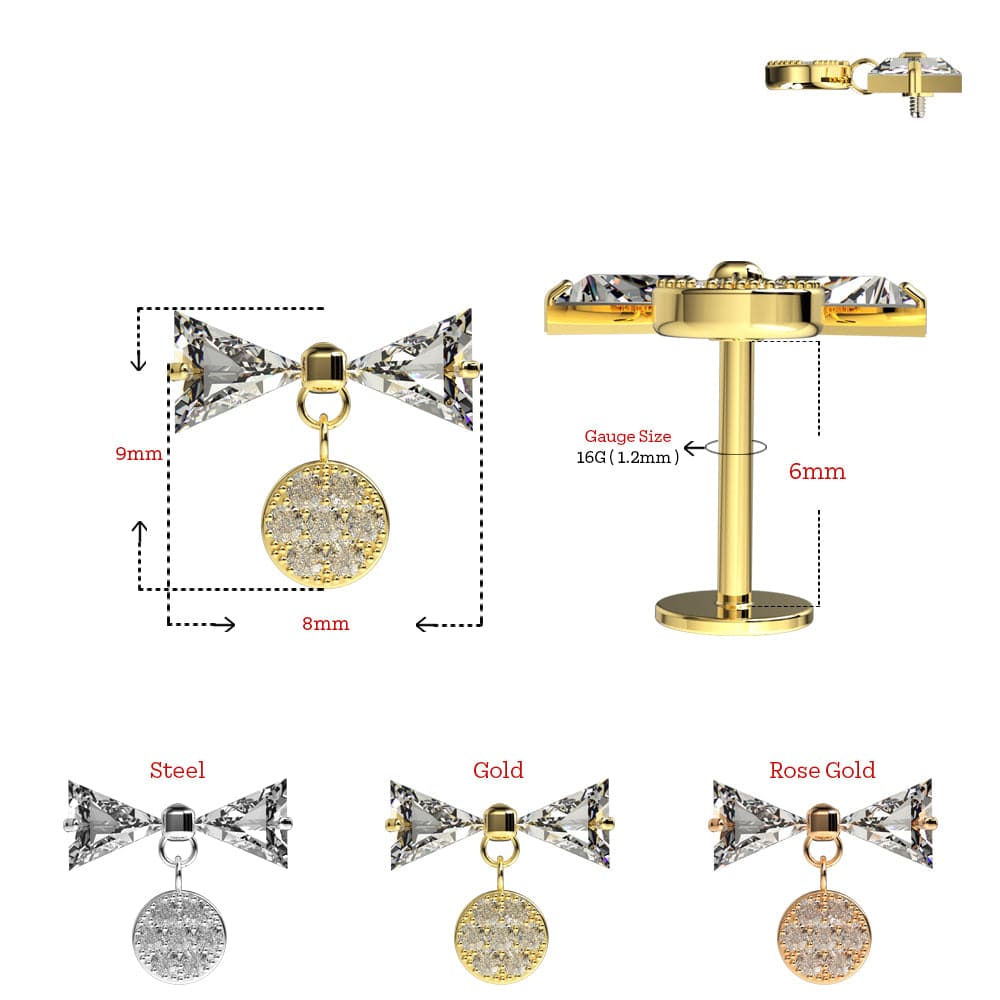 316L Surgical Steel Jewelled Bowtie Internally Threaded Screw Fit Stud