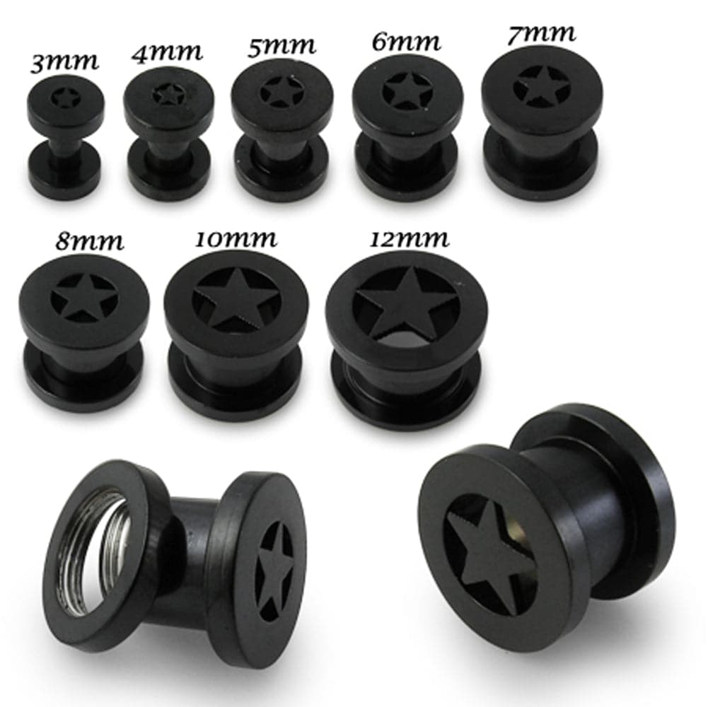316L Surgical Steel Black Star Plate Top External Threaded Tunnel