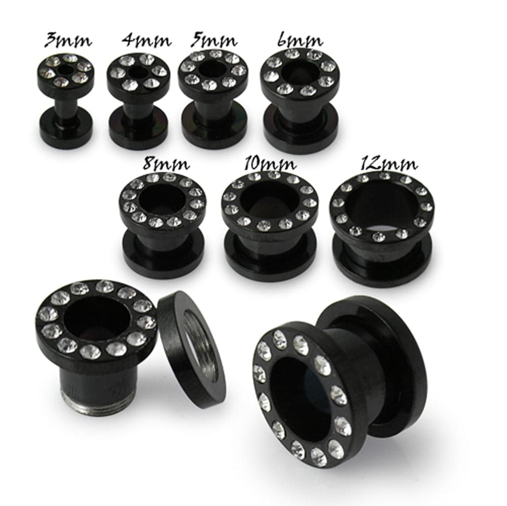 316L Surgical Steel Blackline Screw Fit CZ Jewelled Flesh Tunnel