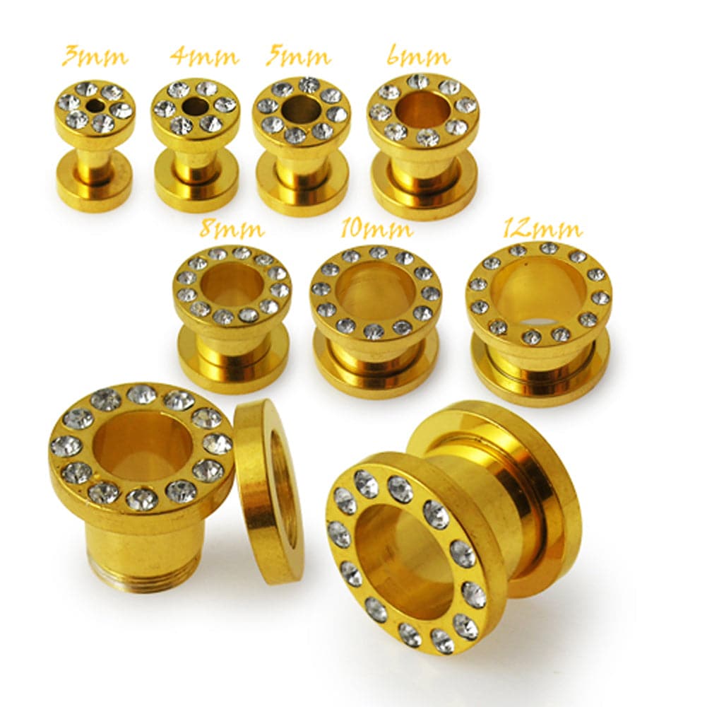 316L Surgical Steel Gold Anodised Screw Fit Jewelled Flesh Tunnel