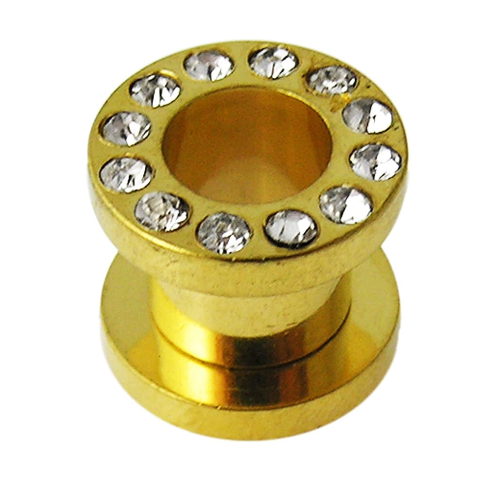 316L Surgical Steel Gold Anodised Screw Fit Jewelled Flesh Tunnel