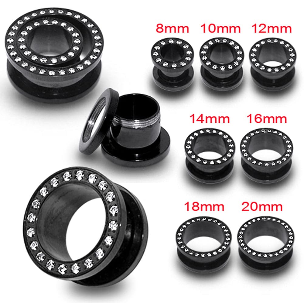 316L Surgical Steel Blackline Micro Setting Jewelled Screw Fit Flesh Tunnel