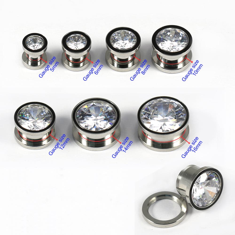 316L Surgical Steel CZ Jewelled Screw Fit Flesh Tunnel