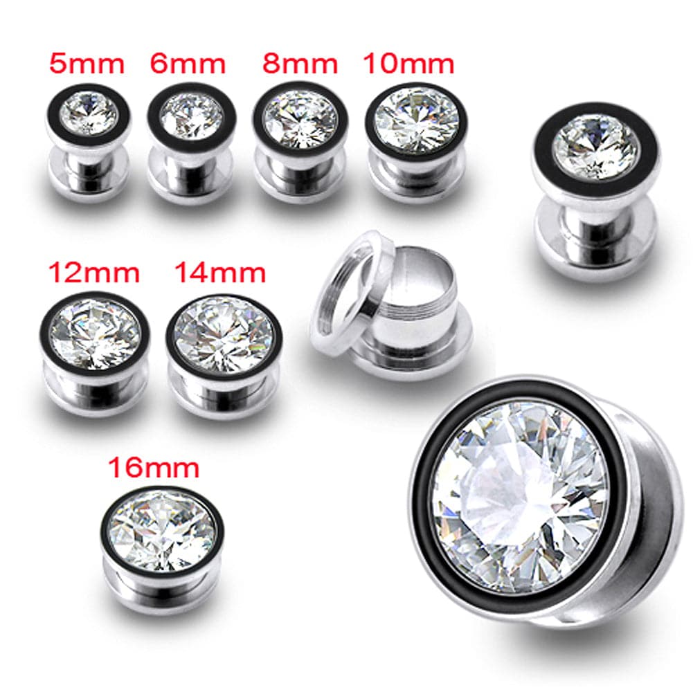 316L Surgical Steel CZ Jewelled Screw Fit Flesh Tunnel