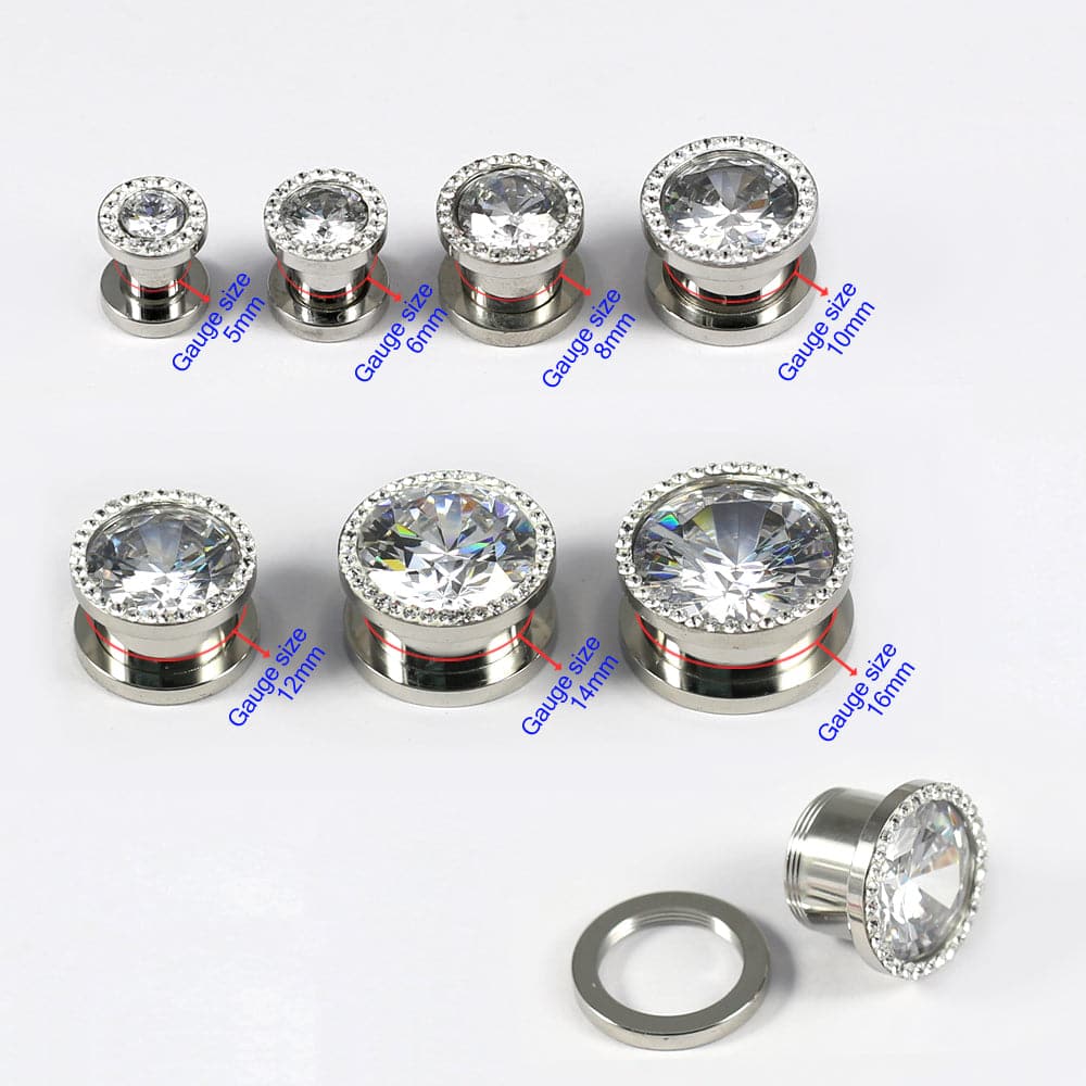 316L Surgical Steel AAA Stone Multi Jewelled Screw Fit Flesh Tunnel