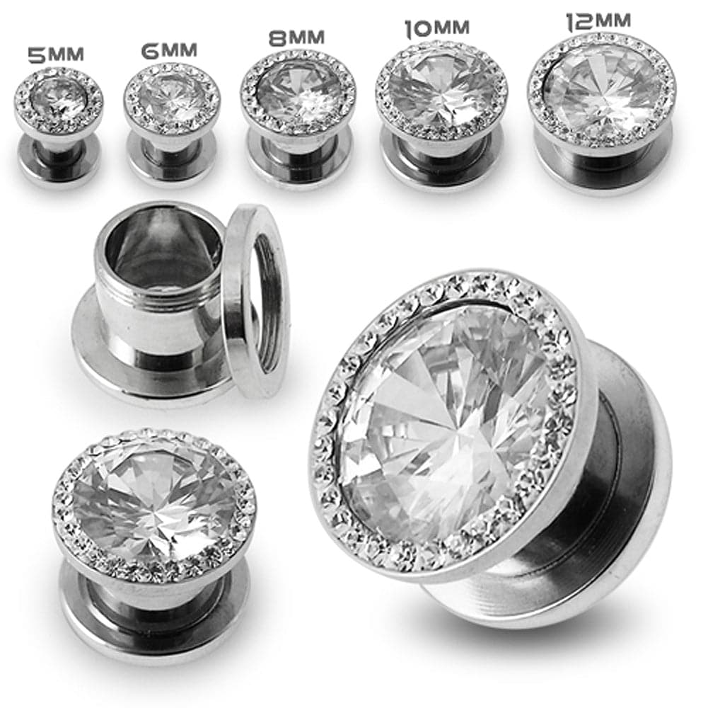 316L Surgical Steel AAA Stone Multi Jewelled Screw Fit Flesh Tunnel