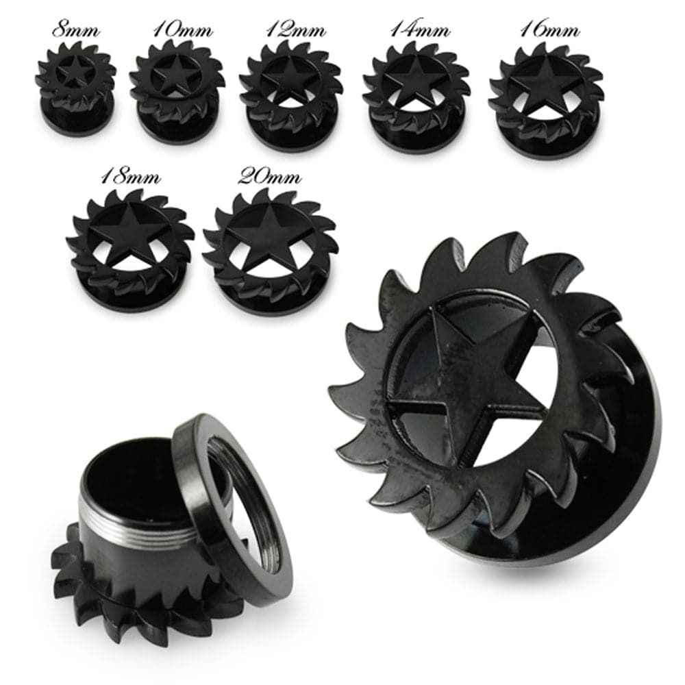 316L Surgical Steel Black Star Saw Blade Screw Fit Flesh Tunnel