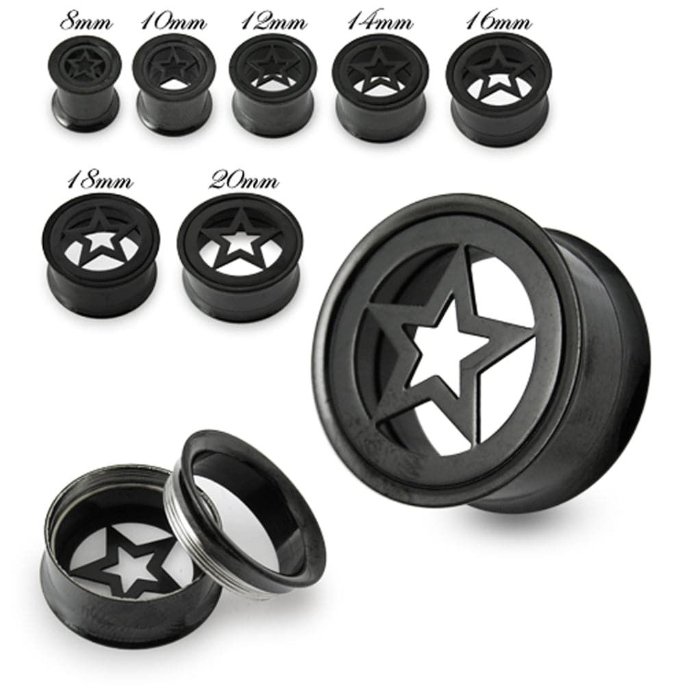 316L Surgical Steel Black Star Plate Top Internally Threaded Tunnel