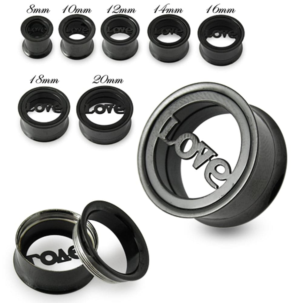 316L Surgical Steel Black Love Plate Top Internally Threaded Tunnel