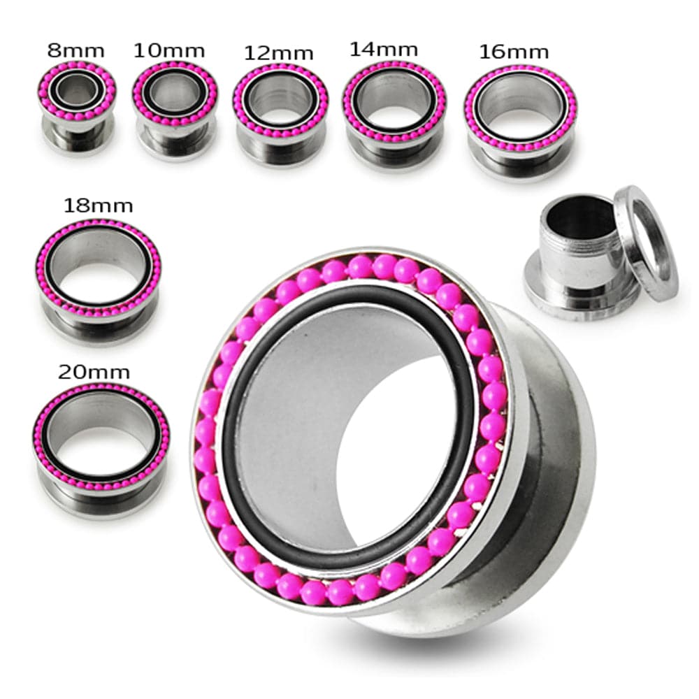 316L Surgical Steel With Hot Pink Ball Black Edge Top Flesh Tunnel