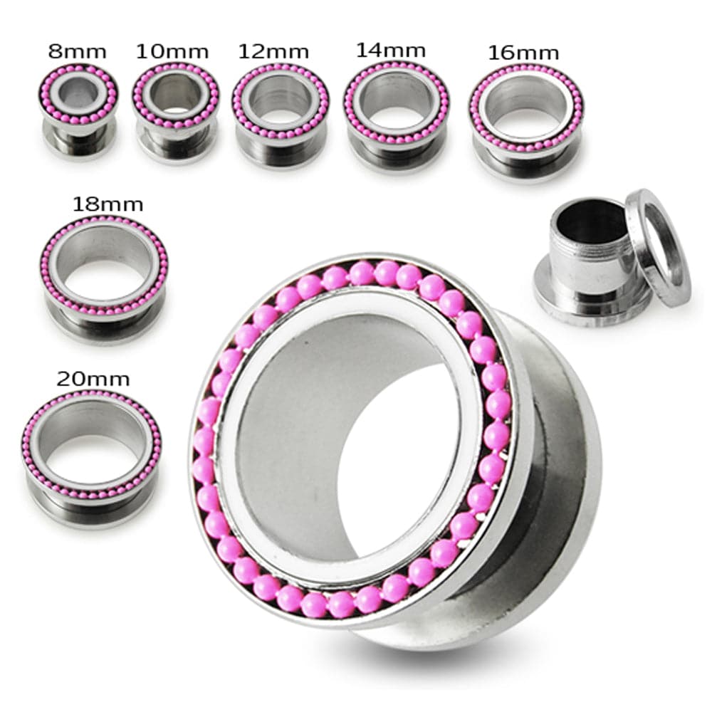 316L Surgical Steel Pink Ball Top White Edge Flesh Tunnel